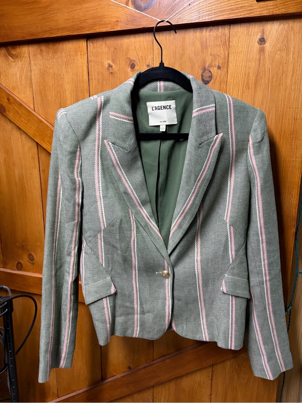 L'AGENCE Olive Blazer with Pink Stripes